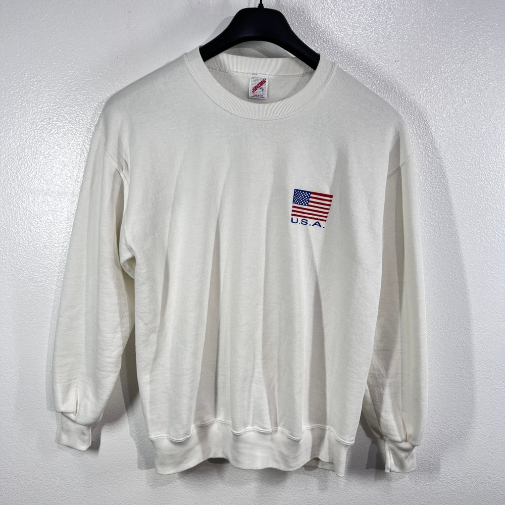 Vtg. Jerzees USA Flag Sweatshirt XL Made in USA White Crewneck 90s Style Unisex
